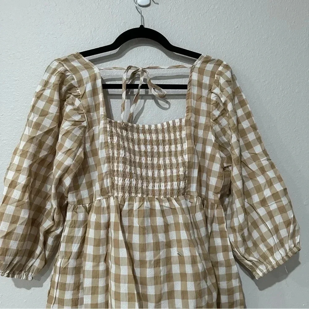 Umgee Gingham Beige & White Fall 3/4 Sleeve Tie Back A-Line Dress Size M NWT - Picture 12 of 13